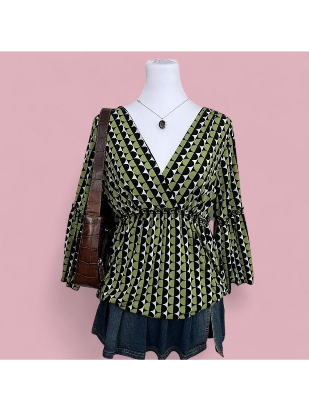 y2k black green quirky boho retro stretchy top with cropped sleeve